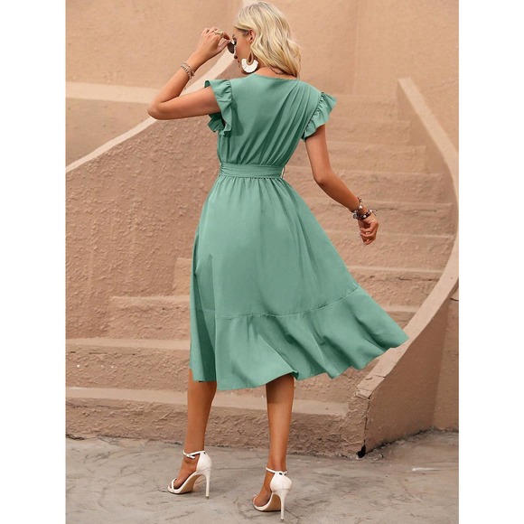 Butterfly Sleeve Ruffle Trim Wrap Hem Belted high low midi Dress - Picture 11 of 11